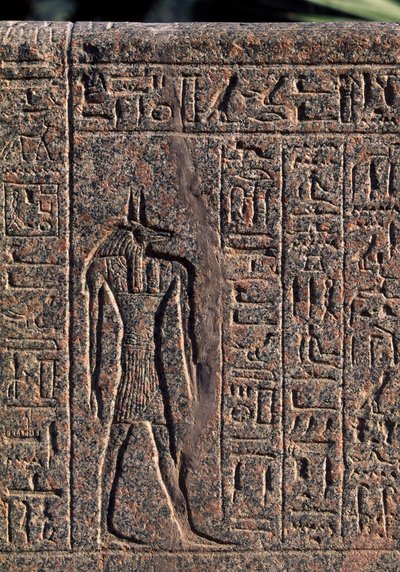 Representación de Anubis, detalle de inscripción y relieve de Anubis y otro dios, sarcófago de Amenhotep, Menfis (Lista del Patrimonio Mundial de la Unesco de Egyptian 19th Dynasty
