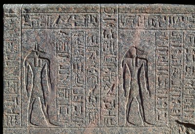 Representación de Anubis, detalle de inscripción y relieve de Anubis y otro dios, sarcófago de Amenhotep, Menfis, Egipto, Reino Nuevo, dinastía XIX de Egyptian 19th Dynasty