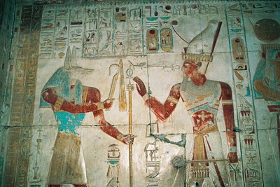 Egipto, Abidos, Templo del faraón Seti I, capilla de Osiris. Detalle, relieve pintado, Reino Nuevo, Dinastía XIX de Egyptian 19th Dynasty
