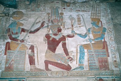 Egipto, Abidos, Templo del faraón Seti I, capilla de Osiris, relieve pintado de Egyptian 19th Dynasty