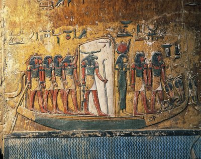 Egipto, Luxor, antigua Tebas, Valle de los Reyes, tumba de Seti I, frescos que representan una barca solar con un dios con cabeza de carnero de Egyptian 19th Dynasty
