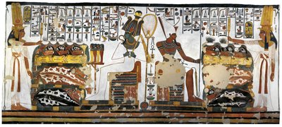 Egipto, Tebas, Luxor, Valle de las Reinas, Tumba de Nefertari, Anexo a la antecámara, Pinturas murales, Reina ofreciendo ante Osiris y Atum de Egyptian 19th Dynasty