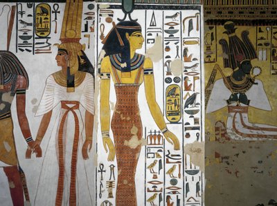 Egipto, Tebas, Luxor, Valle de las Reinas, Tumba de Nefertari, Vestíbulo, Pinturas murales, Harsiesi lleva a la Reina de la mano, diosa Neith de Egyptian 19th Dynasty