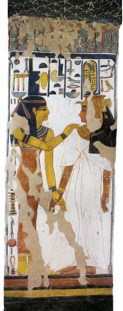 Egipto, Tebas, Luxor, Valle de las Reinas, Tumba de Nefertari, pintura mural de Isis y la reina en el pilar de la cámara funeraria de la dinastía XIX de Egyptian 19th Dynasty