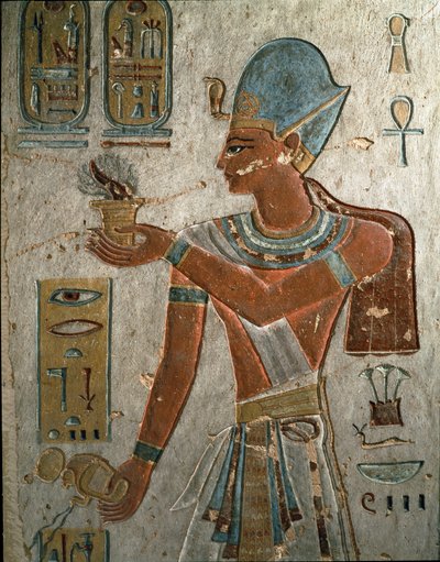 Antigüedad egipcia: El faraón Ramsés I representa quemando incienso y vertiendo agua en una ceremonia. Volumen de Ramsés I, Valle de los Reyes, Egipto de Egyptian 19th Dynasty