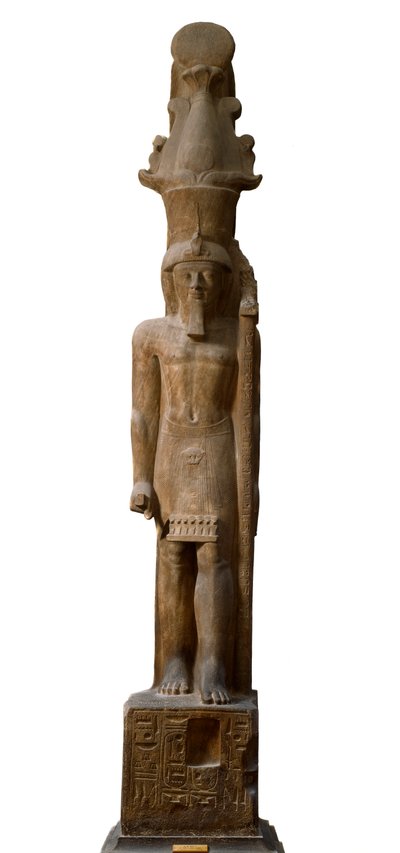 Antigüedad egipcia: estatua del faraón Sethi II (Seti o Sety) (1200-1194 a.C.) de la dinastía XIX en gres rosa, lleva un cetro con el símbolo del dios Amón, Dim. 465 cm. Museo Egipcio de Turín de Egyptian 19th Dynasty