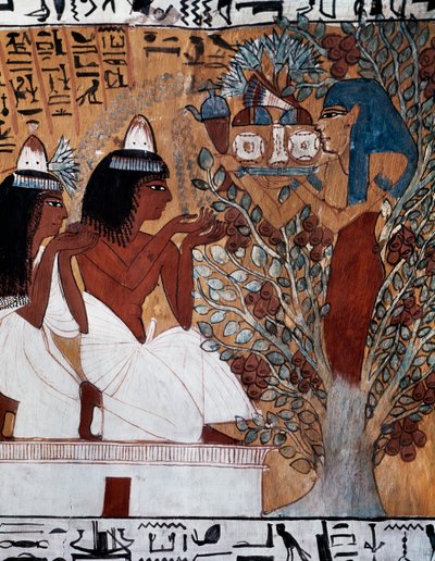Diosa Isis, apareciéndose a Sennedjem y su esposa en un sicomoro sagrado, Tumba de Sennedjem, también conocida como tumba TT1, que data del reinado de Ramsés II, Deir el- Medina, Necrópolis tebana, Civilización egipcia, Reino Nuevo, Dinastía XIX de Egyptian 19th Dynasty