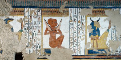 Henty-Reki, guardián de la quinta Puerta del Reino de Osiris, y guardián con cabeza de buey de la cuarta puerta, frescos de la cámara funeraria de Nefertari, Valle de las Reinas, Luxor, Tebas de Egyptian 19th Dynasty