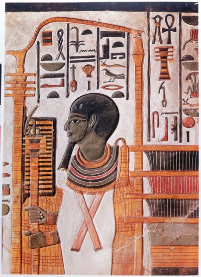Historia. Antiguo Egipto. Ptah, deificación del montículo primordial en la cosmogonía de la Enéada. Fresco de la tumba de Nefertari en el Valle de los Reyes, Antiguo Egipto. (fresco) de Egyptian 19th Dynasty