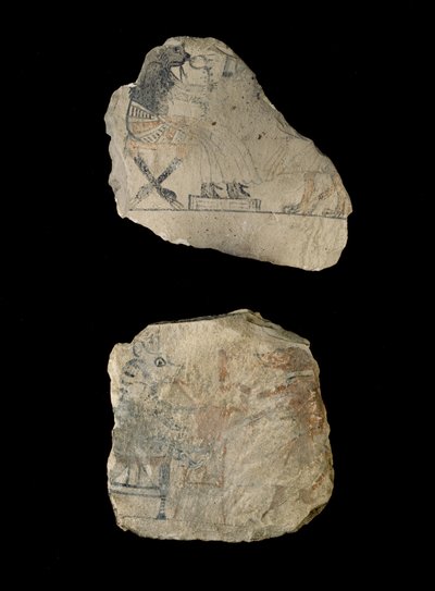 Ostraca de piedra caliza con bocetos humorísticos en tinta roja y negra de Egyptian 19th Dynasty