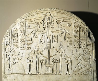 Estela de piedra caliza de Perinefer, con Isis y Neftis adorando un fetiche que representa a Osiris, procedente de Abidos, reinado de Ramsés II. de Egyptian 19th Dynasty
