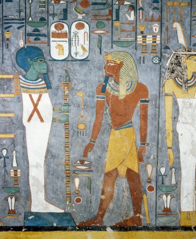 Maat, Ramsés I, Pilar de Ptah y Osiris, frescos de la cámara funeraria de la Tumba de Ramsés I, Valle de los Reyes, Luxor, Tebas (Lista del Patrimonio Mundial de la Unesco) de Egyptian 19th Dynasty
