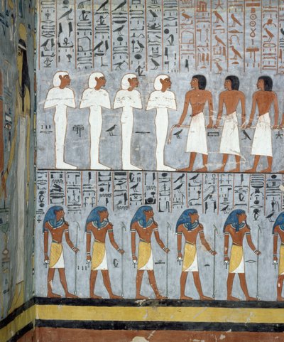Momias y figuras masculinas, detalle de frescos en la cámara funeraria de la Tumba de Ramsés I, Valle de los Reyes, Luxor, Tebas (Lista del Patrimonio Mundial de la Unesco) de Egyptian 19th Dynasty