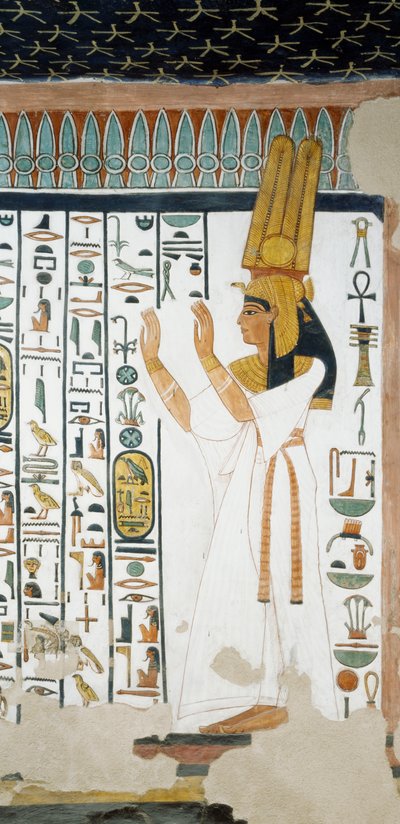 Nefertari frente a la primera puerta del Reino de Osiris, levantando los brazos en señal de adoración, fresco, cámara funeraria, Tumba de Nefertari (QV66), Valle de las Reinas, Tebas de Egyptian 19th Dynasty