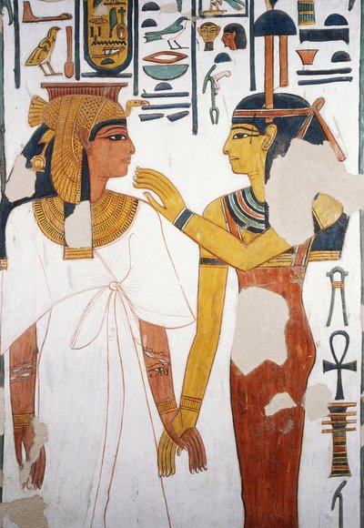 Nefertari se encuentra con la diosa Isis, fresco, fachada norte del cuarto pilar, cámara funeraria, Tumba de Nefertari (QV66), Valle de las Reinas, Tebas (Lista del Patrimonio Mundial de la Unesco) de Egyptian 19th Dynasty
