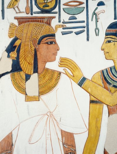 Nefertari se encuentra con la diosa Isis, fresco, fachada norte del cuarto pilar, cámara funeraria, Tumba de Nefertari (QV66), Valle de las Reinas, Tebas (Lista del Patrimonio Mundial de la Unesco) de Egyptian 19th Dynasty