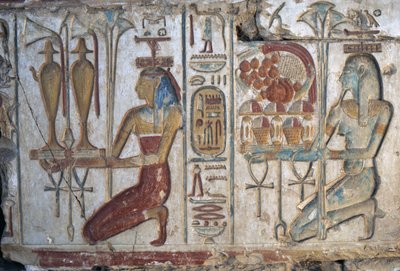Escena de ofrenda, relieve, Templo de Ramsés II, Abidos, Egipto, Civilización egipcia, Reino Nuevo, Dinastía XIX (foto) de Egyptian 19th Dynasty