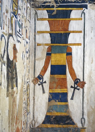 Osiris como un pilar djed sosteniendo un cetro was en cada mano y con un ankh en cada muñeca, (detalle) de Egyptian 19th Dynasty