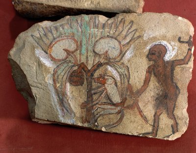 Ostrakon que representa a un mono recogiendo dátiles observado por un joven de Egipto, Tebas Occidental, Deir el-Medina de Egyptian 19th Dynasty