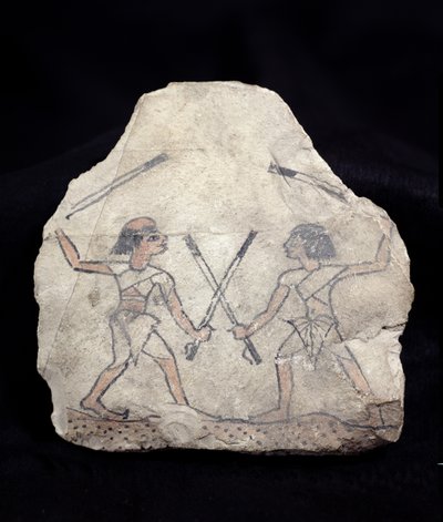 Ostrakon que representa a dos hombres luchando con palos, de Deir El-Medina, Nuevo Reino (piedra pintada) de Egyptian 19th Dynasty