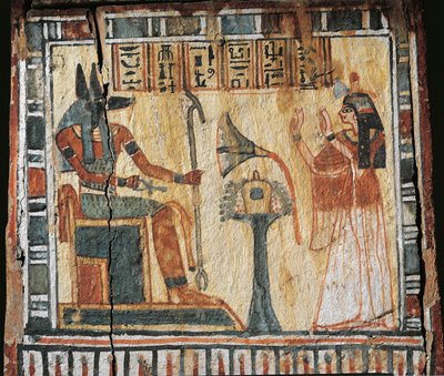 Caja de madera pintada que representa a un difunto y al dios Anubi, para los shabtis de Tamutnofret de Egyptian 19th Dynasty