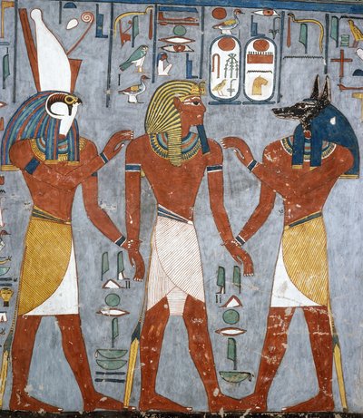 Ramsés I entre Horus y Anubis, fresco, cámara funeraria, Tumba de Ramsés I (KV16), Valle de los Reyes, Tebas (Lista del Patrimonio Mundial de la Unesco) de Egyptian 19th Dynasty