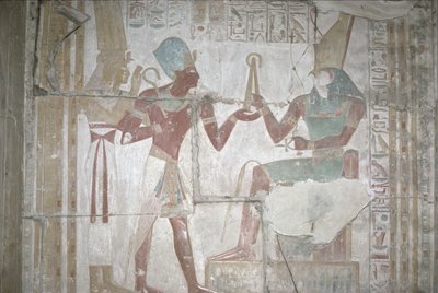Relieve de Isis, presentando a Sethos I (1303-1290 a.C.) a Horus, Nuevo Reino de Egyptian 19th Dynasty