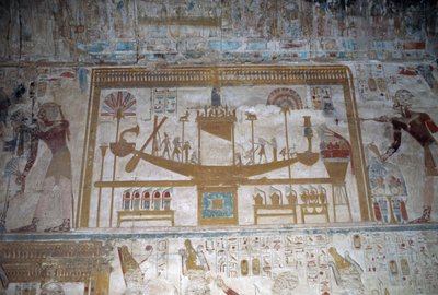 Barca sagrada, bajorrelieve, capilla de Osiris, Templo de Seti I de Egyptian 19th Dynasty