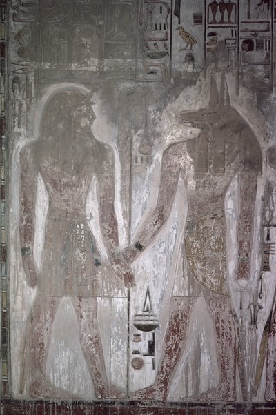 Seti I (1303-1290 a.C.) y Anubis en la Tumba de Seti, Nuevo Reino de Egyptian 19th Dynasty