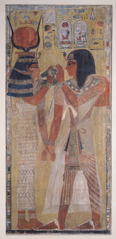 La diosa Hathor colocando el collar mágico en Seti I de Egyptian 19th Dynasty
