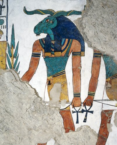 El mensajero con cabeza de carnero, tercera puerta del Reino de Osiris, capítulo 144 del Libro de los Muertos, fresco, cámara funeraria, Tumba de Nefertari (QV66), Valle de las Reinas, Tebas. Civilización egipcia, Nuevo Reino, Dinastía XIX de Egyptian 19th Dynasty