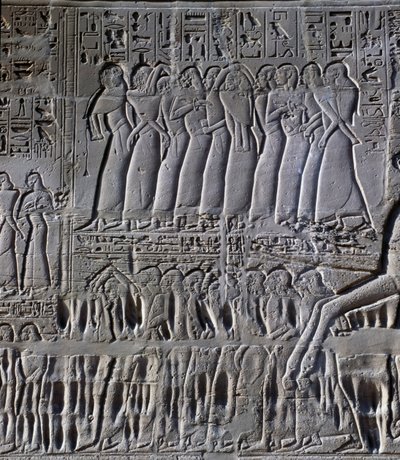 Los prisioneros, detalle de la escena que representa las campañas de Seti I en Siria y Palestina, relieve, pared exterior norte de la Gran Sala Hipóstila, complejo del templo de Karnak (Lista del Patrimonio Mundial de la Unesco. de Egyptian 19th Dynasty