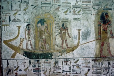 El dios sol Ra en el Barco Nocturno, protegido por serpientes, remolcado en aguas bajo la tierra, Nuevo Reino, c.1318 a.C. de Egyptian 19th Dynasty