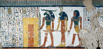 Los tres genios guardando la Segunda Puerta del Reino de Osiris, Libro de los Muertos, Capítulo 144, detalle de los frescos en la cámara funeraria de Nefertari, Valle de las Reinas, Luxor, Tebas. Civilización egipcia, Nuevo Reino, Dinastía XIX. de Egyptian 19th Dynasty