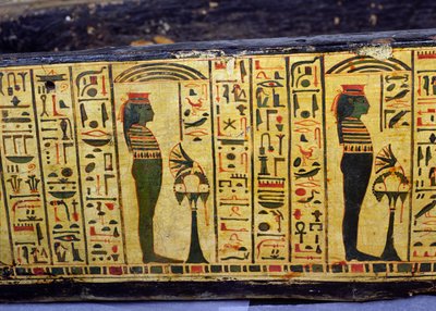 (detalle) de la base del ataúd exterior de la momia de Nesyamun, posiblemente encontrado en Deir El-Bahri, Nuevo Reino, c.1100 a.C. (madera pintada) de Egyptian 20th Dynasty