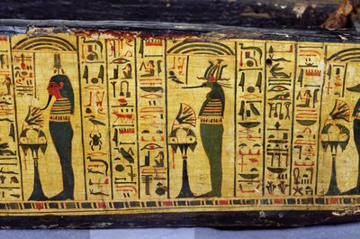 (detalle) de la base del ataúd exterior de la momia de Nesyamun, posiblemente encontrado en Deir El-Bahri, Nuevo Reino, c.1100 a.C. (madera pintada) de Egyptian 20th Dynasty