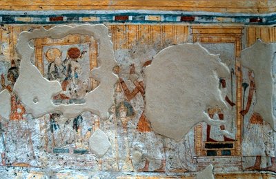 Antigüedad egipcia: representación de Shuroy y su esposa adorando al dios Thot y la diosa Ra. Tumba de Shuroy de Egyptian 20th Dynasty