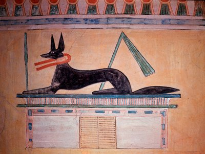 Anubis con cabeza de chacal, dios de la momificación. Muro de la Tumba del Príncipe Khaemweset II (decoración de piedra caliza pintada, Dinastía XX) de Egyptian 20th Dynasty