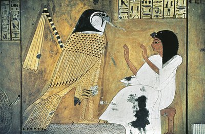 Pintura mural de una escena del Libro de los Muertos, transformación en Halcón Dorado de Egyptian 20th Dynasty