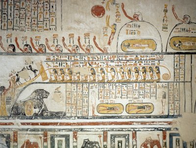 Procesión siguiendo la navegación celestial del dios Sol Ra, Libro de la Tierra, detalle de los frescos de la cámara funeraria de la Tumba de Ramsés VI, Valle de los Reyes, Luxor, Tebas (Lista del Patrimonio Mundial de la Unesco) de Egyptian 20th Dynasty