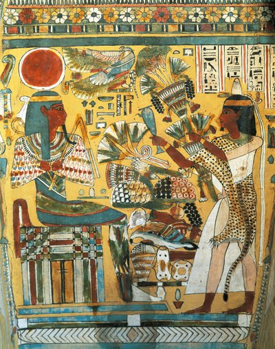 Sarcófago de Ankt Ef Rhonson, escriba del Templo de Amón, detalle interior: el difunto ofreciendo flores al dios de Occidente, Reino Nuevo, Dinastía XX de Egyptian 20th Dynasty