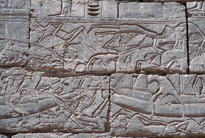 El Pueblo del Mar, Batalla Naval de Ramsés III, Medinet Habu, 1195-64 a.C. de Egyptian 20th Dynasty