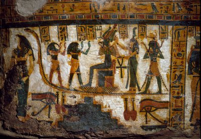Arte de Egipto: Osiris recibe tributos de cuatro deidades: Thot, Maat, Heka (Heqat o Heqa) y Harsiesi. Uno de los dioses sostiene la llave de la vida en forma de cruz ansada (Ankh). Abajo, dos representaciones del ojo oudjat (ojo de Horus) de Egyptian 21st Dynasty