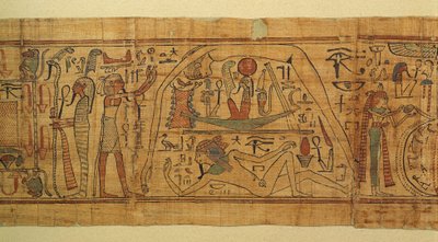 Libro de imágenes mitológicas de Nespakachuty, la separación del cielo y la tierra con la barca solar de Egyptian 21st Dynasty