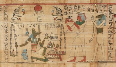 Detalle del Libro de los Muertos del sacerdote Aha-Mer que muestra a Anubis pesando el corazón del difunto contra la Pluma de la Verdad de Egyptian 21st Dynasty