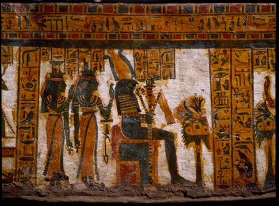 Antigüedad egipcia: las divinidades Isis y Neftis adorando a Osiris. Sostienen llaves de la vida en forma de cruz ansada (Ankh). Decoración del sarcófago antropoide del escriba Butehamon, dinastía XXI (1085-935 a.C.). Museo Egipcio de Turín de Egyptian 21st Dynasty