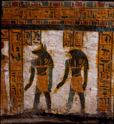 Antigüedad egipcia: los genios funerarios Douamoutef y Kebehsenouf (o Qebehsenouf). Decoración del sarcófago antropoide del escriba Butehamon, dinastía XXI (1085-935 a.C.). Museo de Egipto en Turín de Egyptian 21st Dynasty