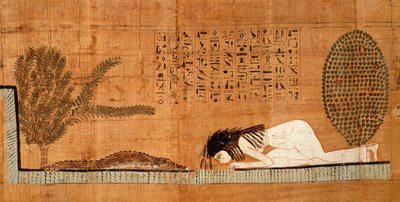 Papiro funerario que representa al difunto postrado frente al cocodrilo de Egyptian 21st Dynasty