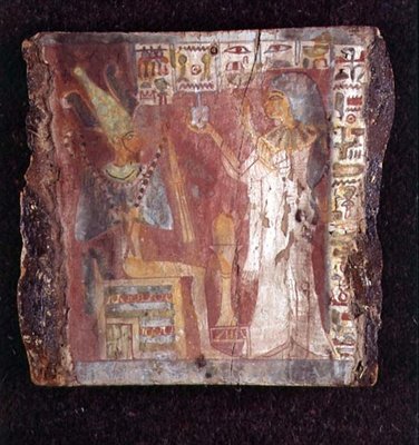 Interior del sarcófago de la cantante, Toarnemiherti, mostrando a la difunta ofreciendo incienso a Osiris entronizado, Periodo Intermedio Tardío (piedra pintada) de Egyptian 21st Dynasty