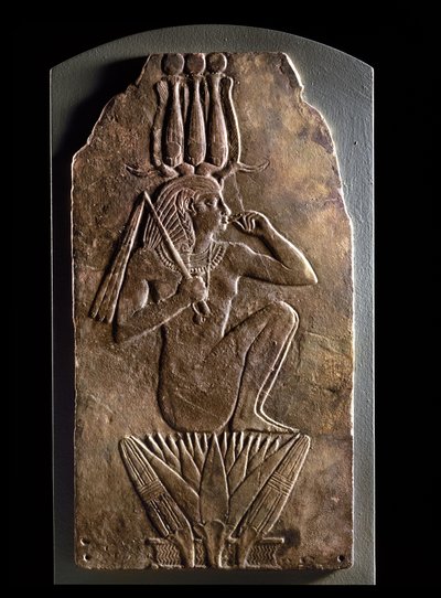 Placa de Iuput II como dios-niño emergiendo de la flor de loto de Egyptian 23rd Dynasty